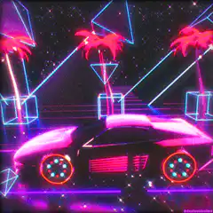 Neon synthwave car with palm trees