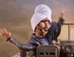 Excited puppet driver waving arms