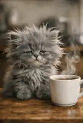 Fluffy kitten yawning next to coffee