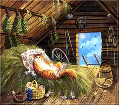 Cat sleeping in hayloft