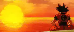 Goku sitting on a rock at sunset