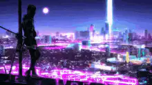 Silhouette figure overlooking neon city