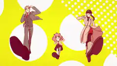 Three characters dancing on yellow background
