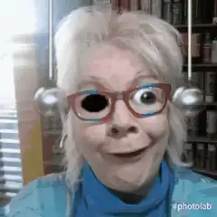 Old woman with blinking cartoon eyes