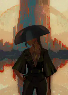 Pixel art woman with umbrella
