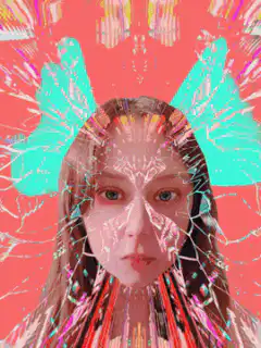 Girl with glitching butterfly wings
