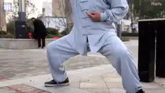 Man in grey suit doing martial arts moves