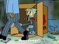 Squidward begging in a box