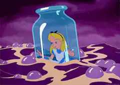 Alice in a jar floating on purple liquid
