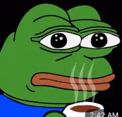 Pepe holding coffee at 2:42 AM