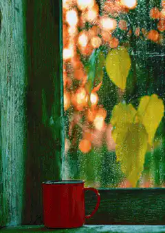 red mug on windowsill with rain