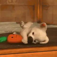 Cute white puppy playing with carrot toy