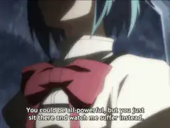 Anime girl with blue hair looks up dramatically