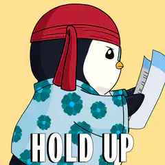 Penguin with red bandana says hold up