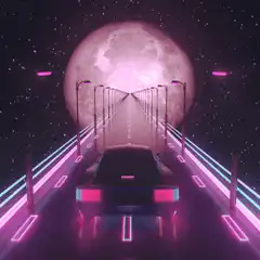 Neon car driving towards giant moon