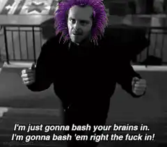 Jack Nicholson with purple hair bashing brains