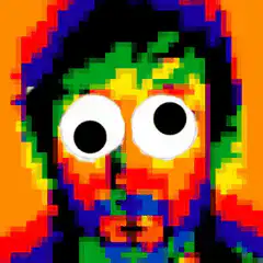 Colorful pixel art face with googly eyes