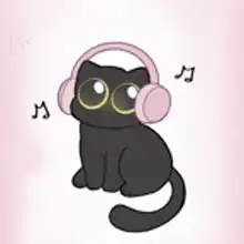 Black cat with headphones listening to music