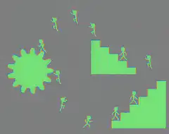 pixel people climbing stairs and running from sun