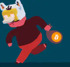 Pixel art character running with Bitcoin bag