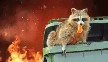 Raccoon eating pizza in front of fire