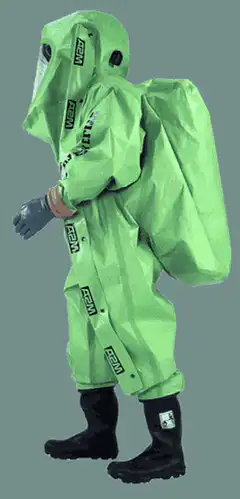 Person in green hazmat suit rotating