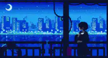 Pixel art girl looking at city skyline