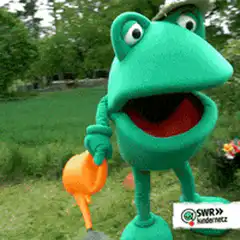 Frog mascot watering plants