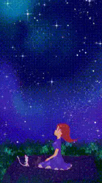 Girl and cat watching shooting stars