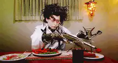 Edward Scissorhands eating dinner