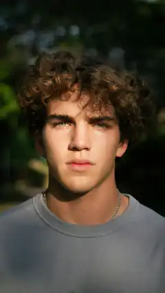 Young man with curly hair looking at camera