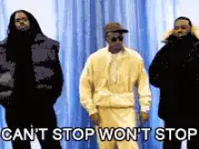 Three men dancing with text CAN'T STOP WON'T STOP