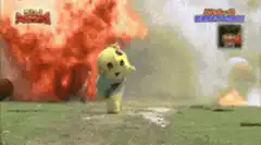 Pikachu running from explosions