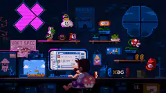 Pixel art girl at computer desk