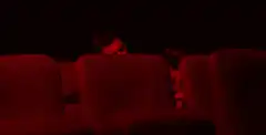 couple in dark red theater