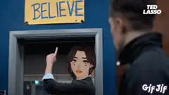 Animated woman points to BELIEVE sign
