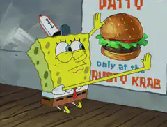SpongeBob licks a Krabby Patty poster