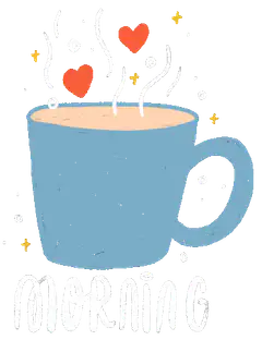 blue mug with hearts and morning text