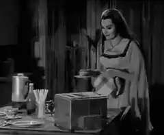 Woman toasts bread in vintage toaster