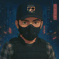 Cyberpunk man with gas mask and cap