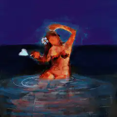 Woman in water with moving rain cloud