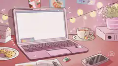 cozy pink desk setup with laptop and tea