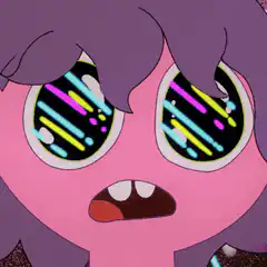 Pink character with swirling galaxy eyes