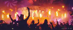 Crowd at rave with fire on stage
