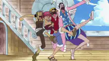 One Piece crew dancing on deck
