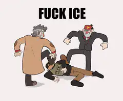 Two old men kicking an ICE agent