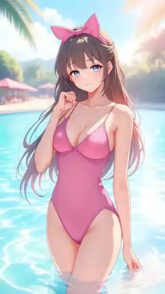 Anime girl in pink swimsuit at pool