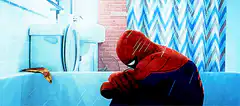 Spiderman crying in the bathtub