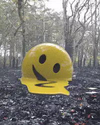 Melting yellow smiley face in forest