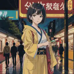 anime girl in yellow coat on city street